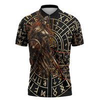 Viking Shieldmaiden and Yggdrasil Zipper Polo Shirt Norse Rune Circle Mythology Illustration