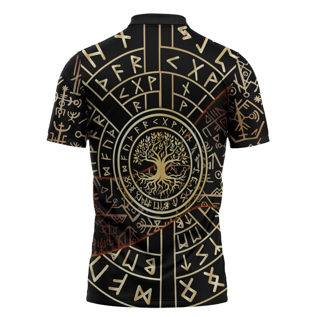 Viking Shieldmaiden and Yggdrasil Zipper Polo Shirt Norse Rune Circle Mythology Illustration