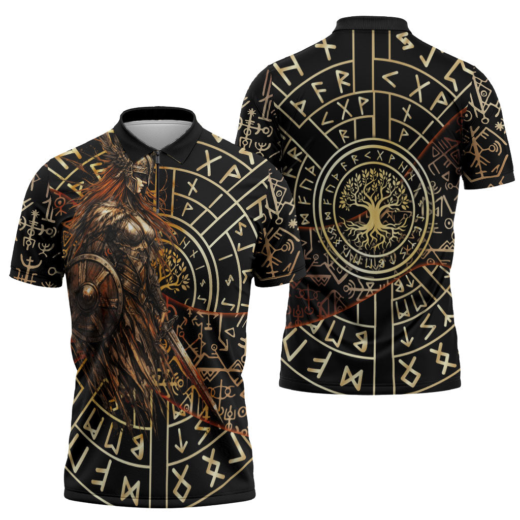 Viking Shieldmaiden and Yggdrasil Zipper Polo Shirt Norse Rune Circle Mythology Illustration