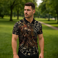 Viking Shieldmaiden and Yggdrasil Zipper Polo Shirt Norse Rune Circle Mythology Illustration
