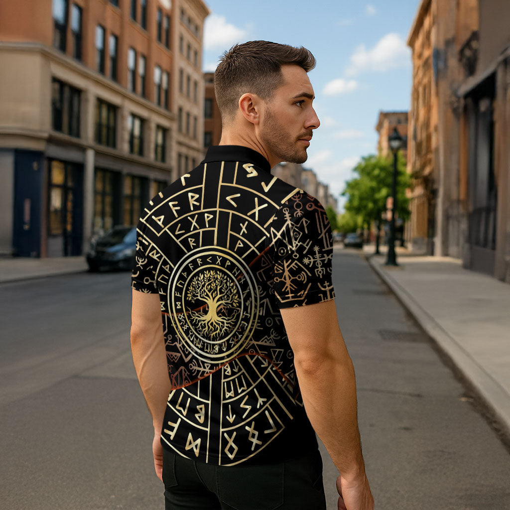 Viking Shieldmaiden and Yggdrasil Zipper Polo Shirt Norse Rune Circle Mythology Illustration