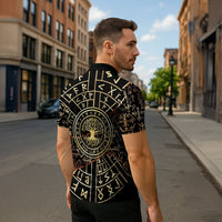 Viking Shieldmaiden and Yggdrasil Zipper Polo Shirt Norse Rune Circle Mythology Illustration