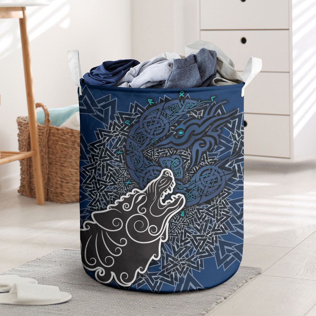 Viking Wolf and Valknut Laundry Basket Nordic Knotwork Rune Illustration