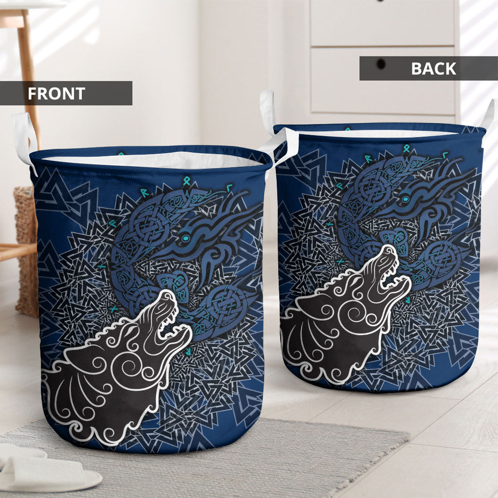 Viking Wolf and Valknut Laundry Basket Nordic Knotwork Rune Illustration