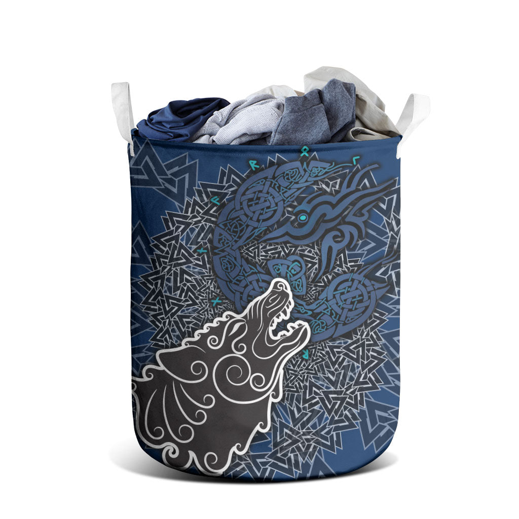 Viking Wolf and Valknut Laundry Basket Nordic Knotwork Rune Illustration