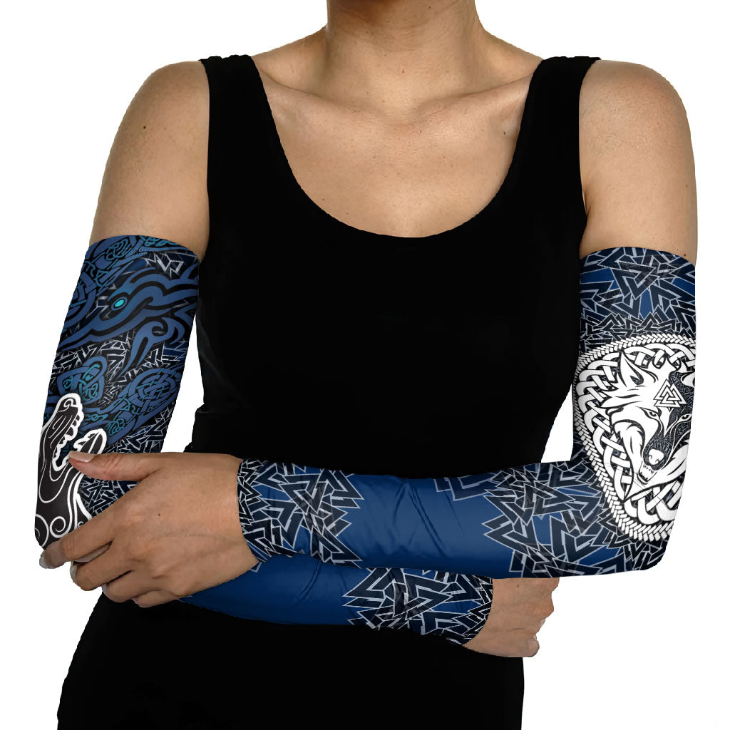 Viking Wolf and Valknut Arm Sleeves Nordic Knotwork Rune Illustration
