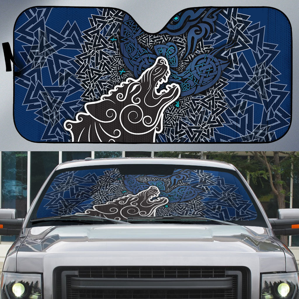 Viking Wolf and Valknut Auto Sun Shade Nordic Knotwork Rune Illustration
