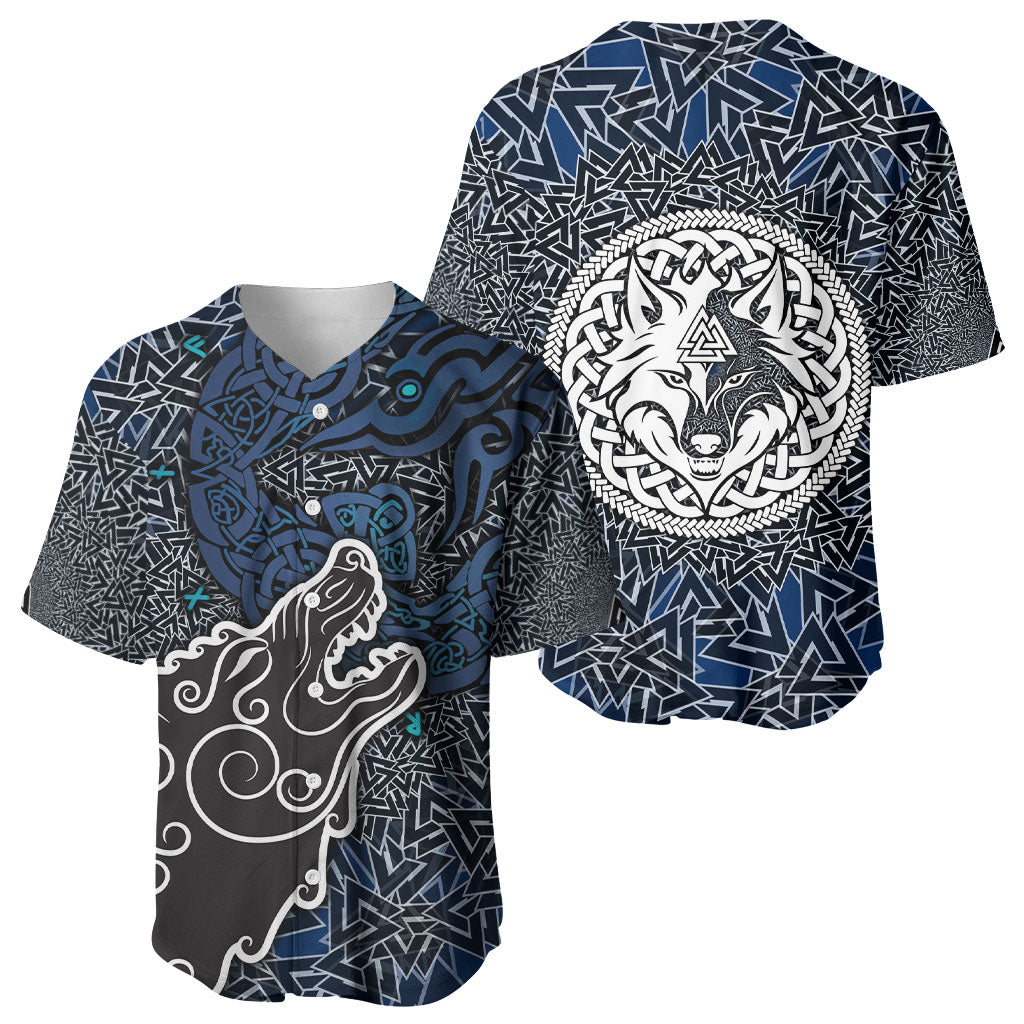 Viking Wolf and Valknut Baseball Jersey Nordic Knotwork Rune Illustration
