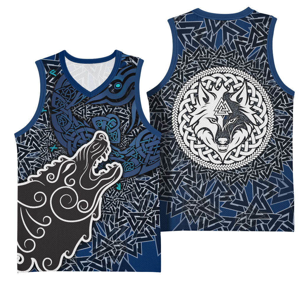 Viking Wolf and Valknut Basketball Jersey Nordic Knotwork Rune Illustration