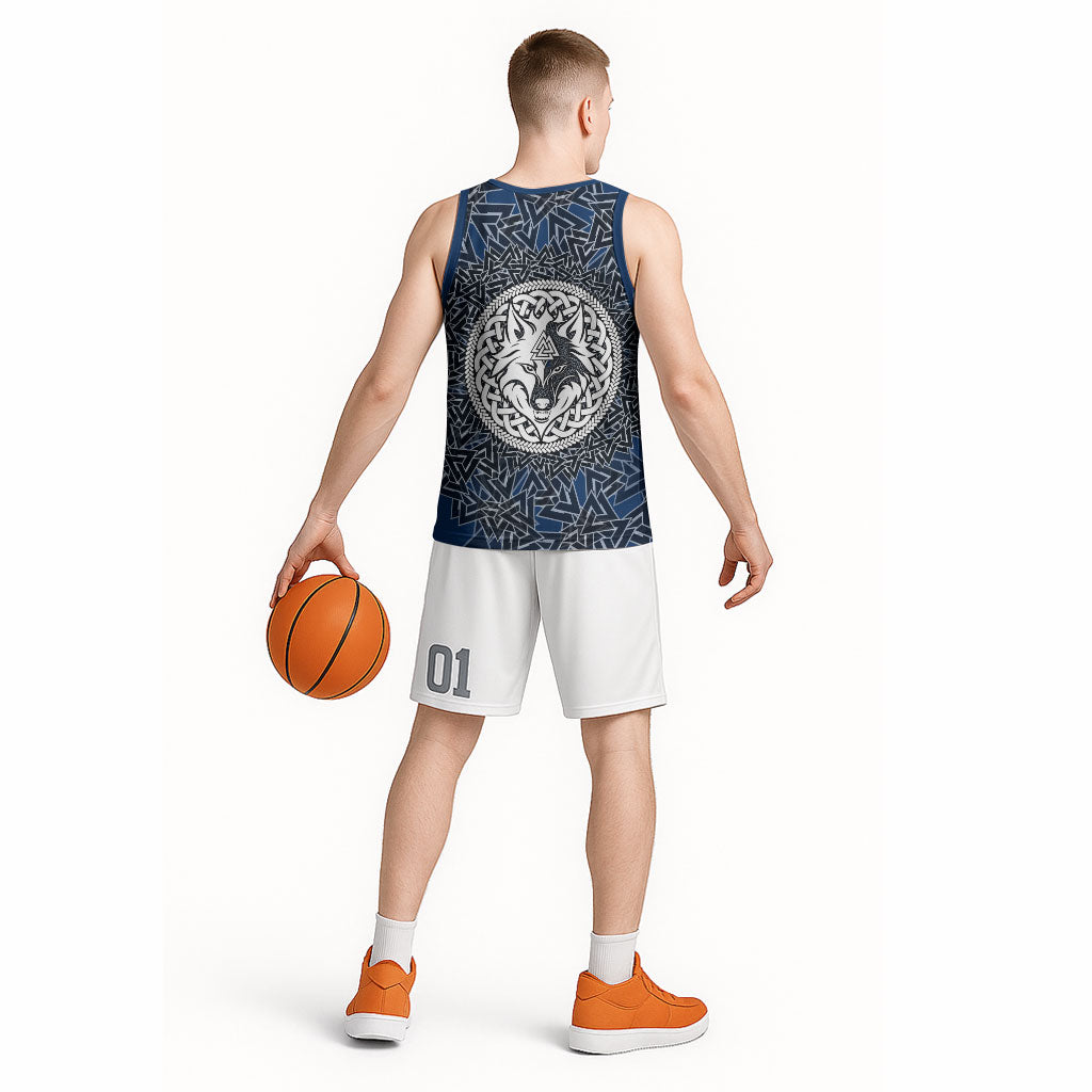 Viking Wolf and Valknut Basketball Jersey Nordic Knotwork Rune Illustration