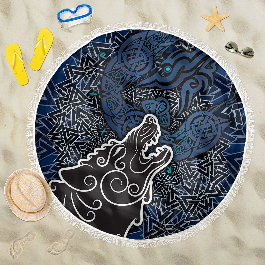 Viking Wolf and Valknut Beach Blanket Nordic Knotwork Rune Illustration
