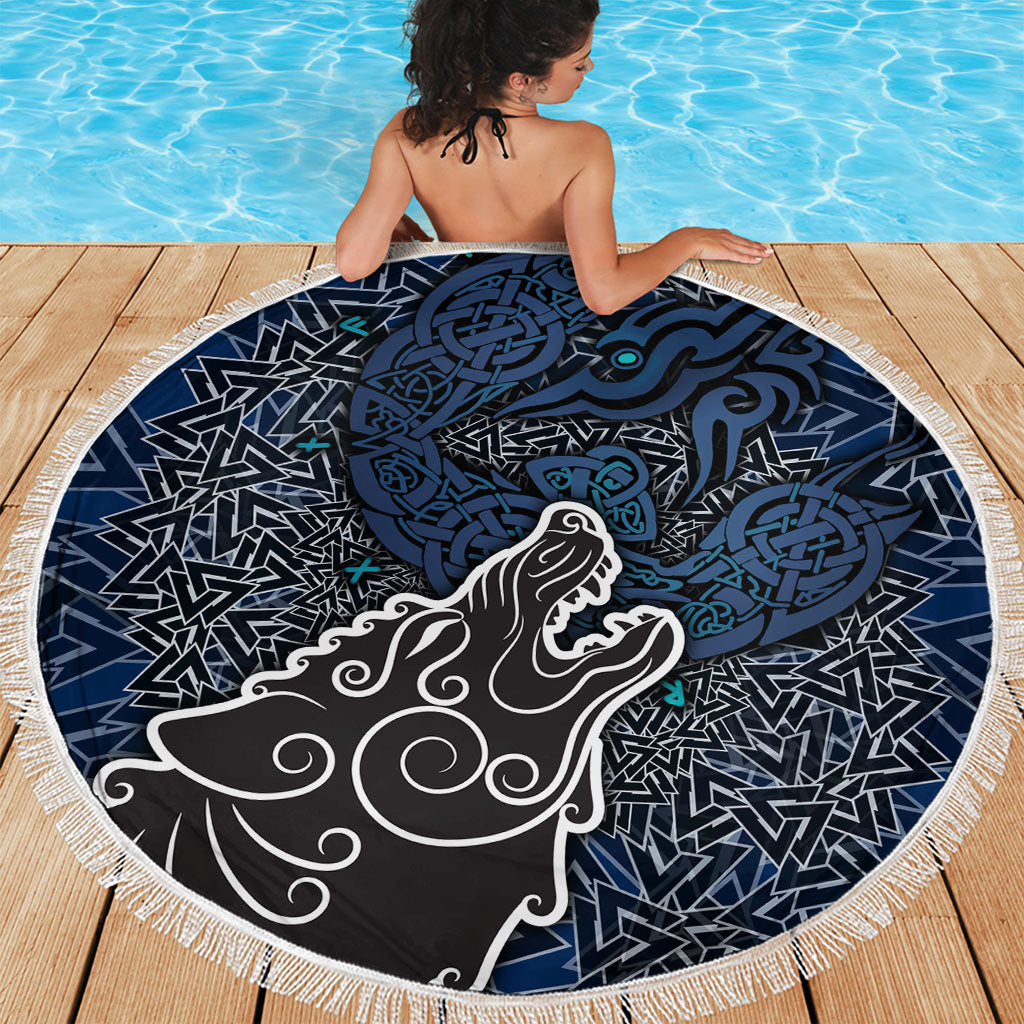 Viking Wolf and Valknut Beach Blanket Nordic Knotwork Rune Illustration