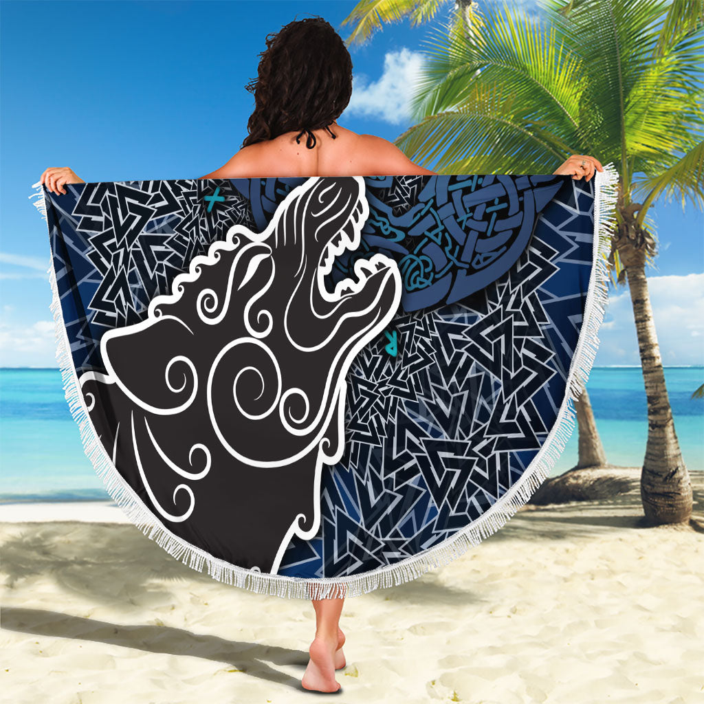 Viking Wolf and Valknut Beach Blanket Nordic Knotwork Rune Illustration