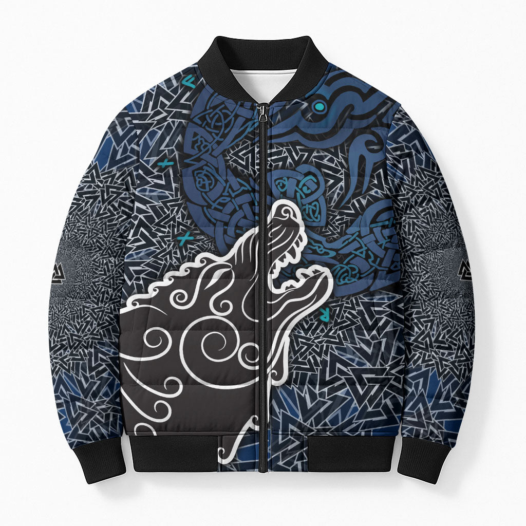 Viking Wolf and Valknut Bomber Puffer Jacket Nordic Knotwork Rune Illustration