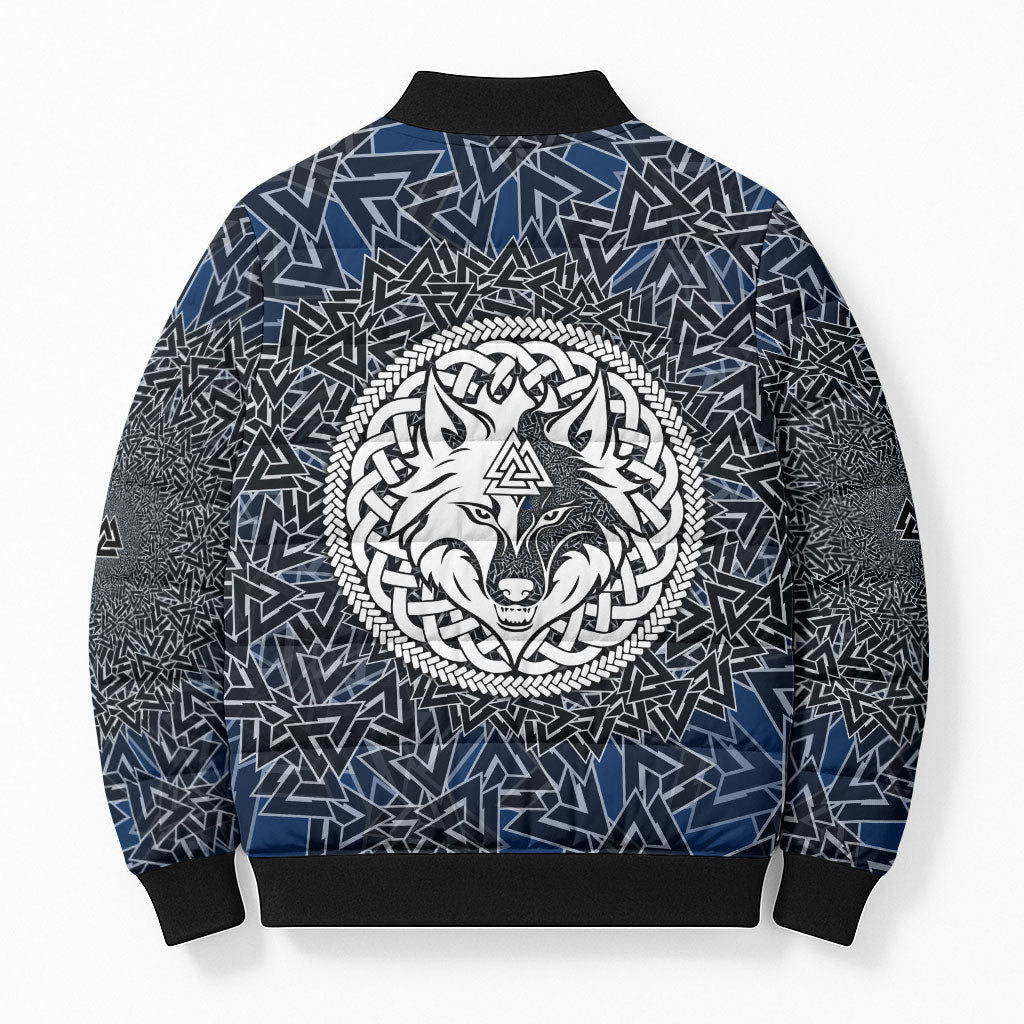 Viking Wolf and Valknut Bomber Puffer Jacket Nordic Knotwork Rune Illustration
