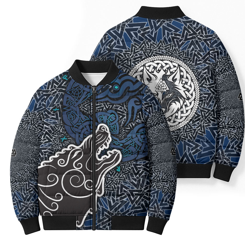 Viking Wolf and Valknut Bomber Puffer Jacket Nordic Knotwork Rune Illustration