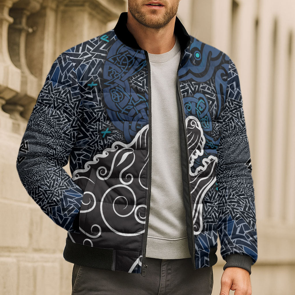 Viking Wolf and Valknut Bomber Puffer Jacket Nordic Knotwork Rune Illustration