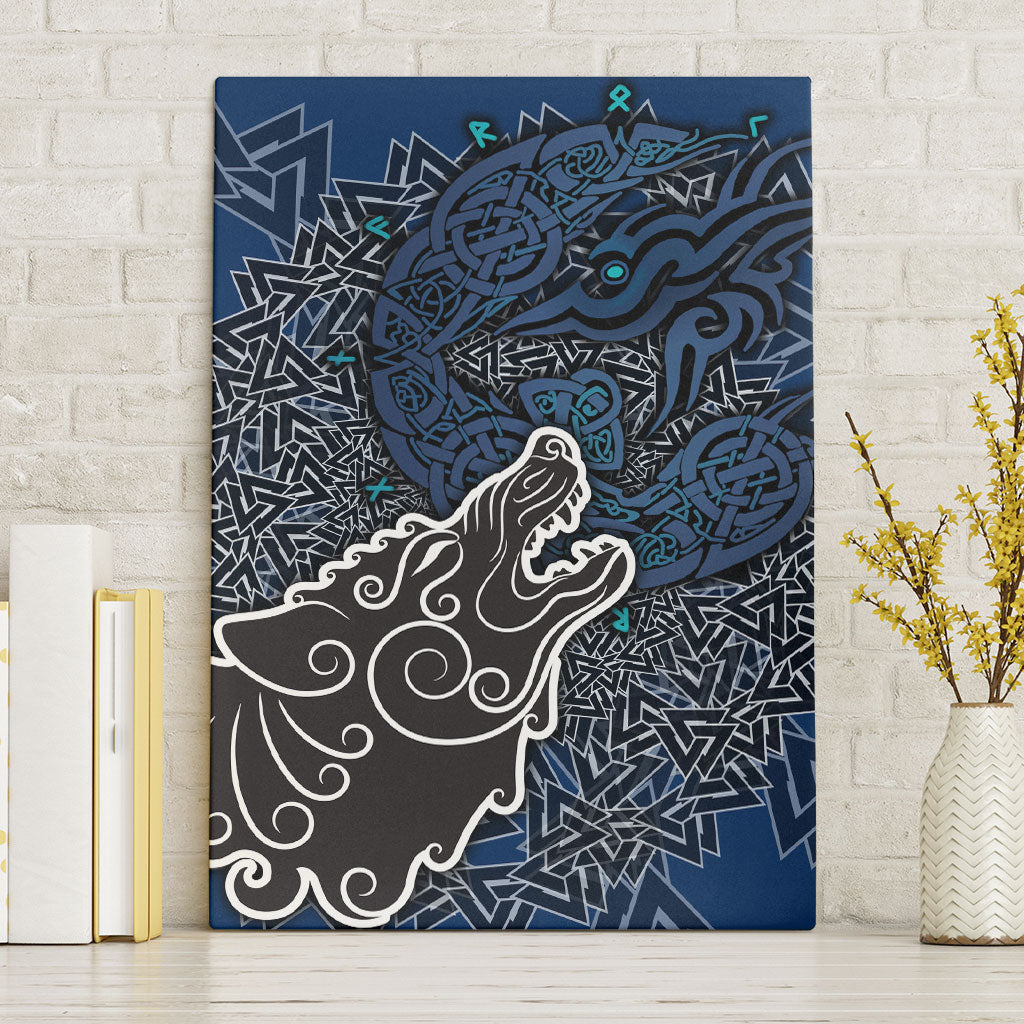 Viking Wolf and Valknut Canvas Wall Art Nordic Knotwork Rune Illustration