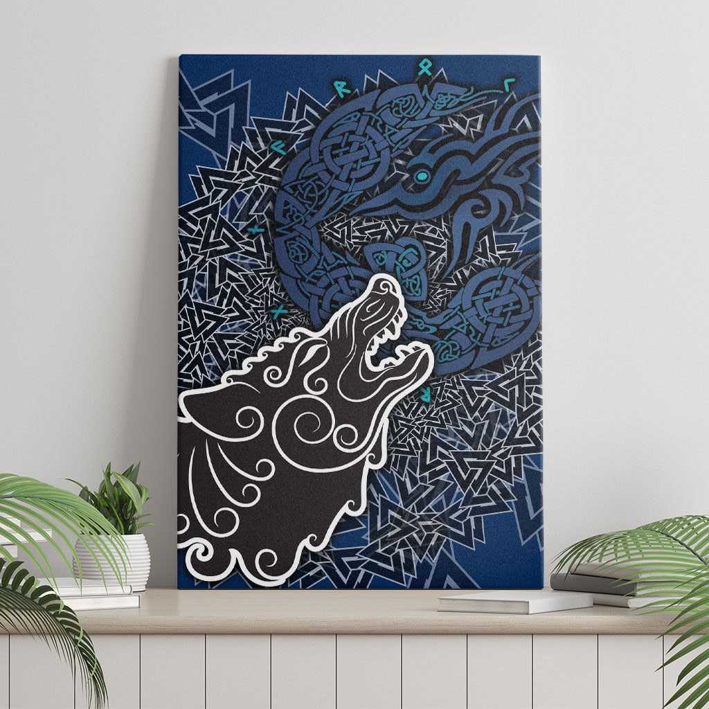 Viking Wolf and Valknut Canvas Wall Art Nordic Knotwork Rune Illustration