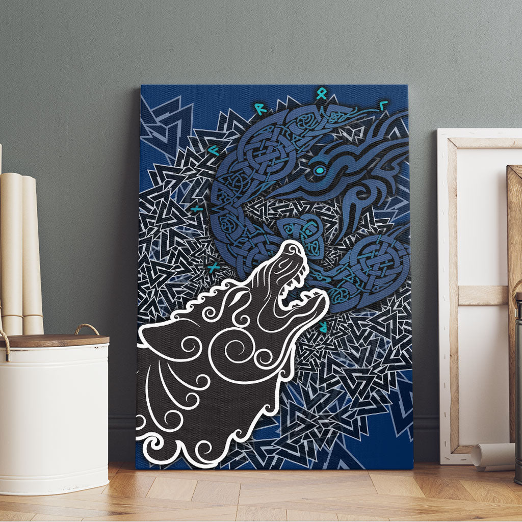 Viking Wolf and Valknut Canvas Wall Art Nordic Knotwork Rune Illustration