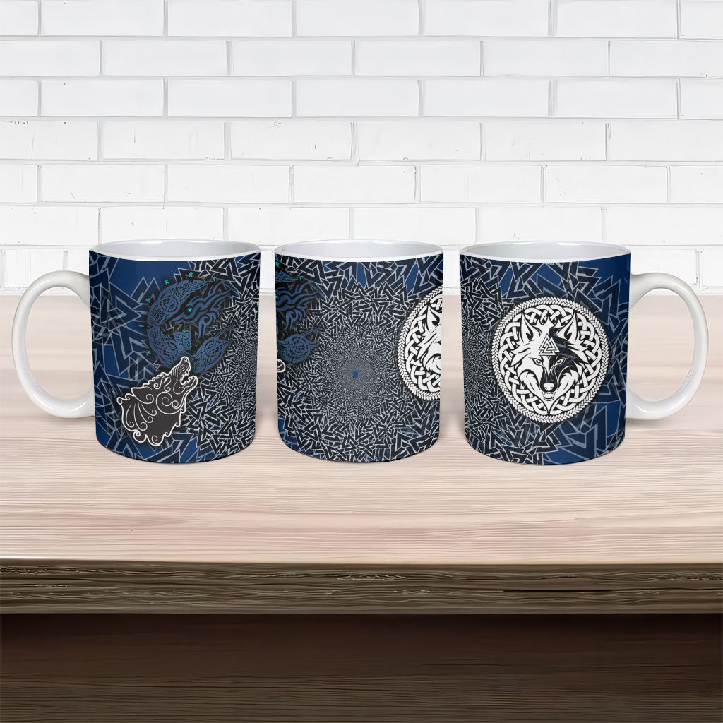 Viking Wolf and Valknut Ceramic Mug Nordic Knotwork Rune Illustration