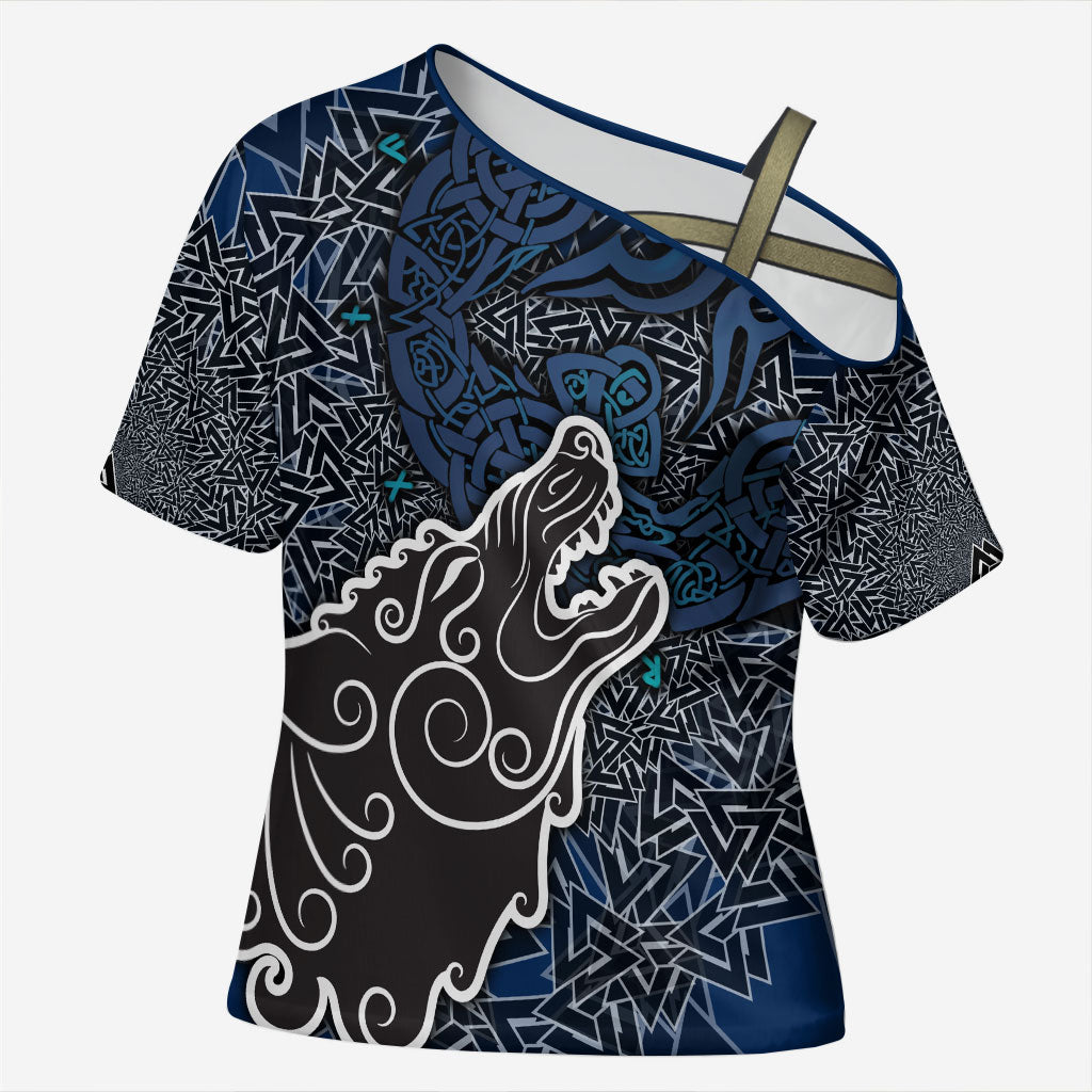 Viking Wolf and Valknut Cross Shoulder Shirt Nordic Knotwork Rune Illustration