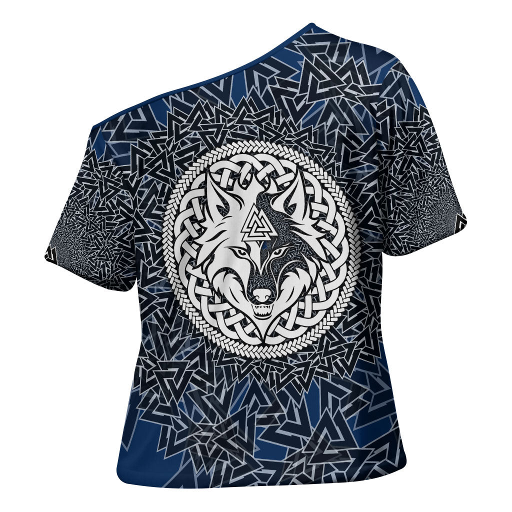 Viking Wolf and Valknut Cross Shoulder Shirt Nordic Knotwork Rune Illustration