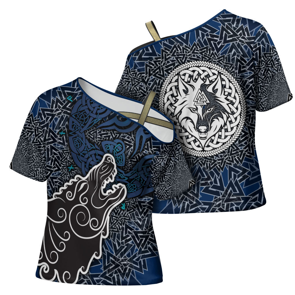 Viking Wolf and Valknut Cross Shoulder Shirt Nordic Knotwork Rune Illustration