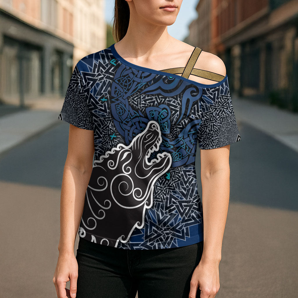 Viking Wolf and Valknut Cross Shoulder Shirt Nordic Knotwork Rune Illustration