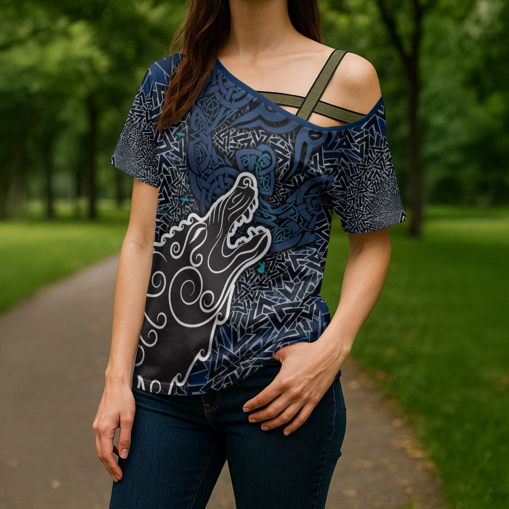 Viking Wolf and Valknut Cross Shoulder Shirt Nordic Knotwork Rune Illustration