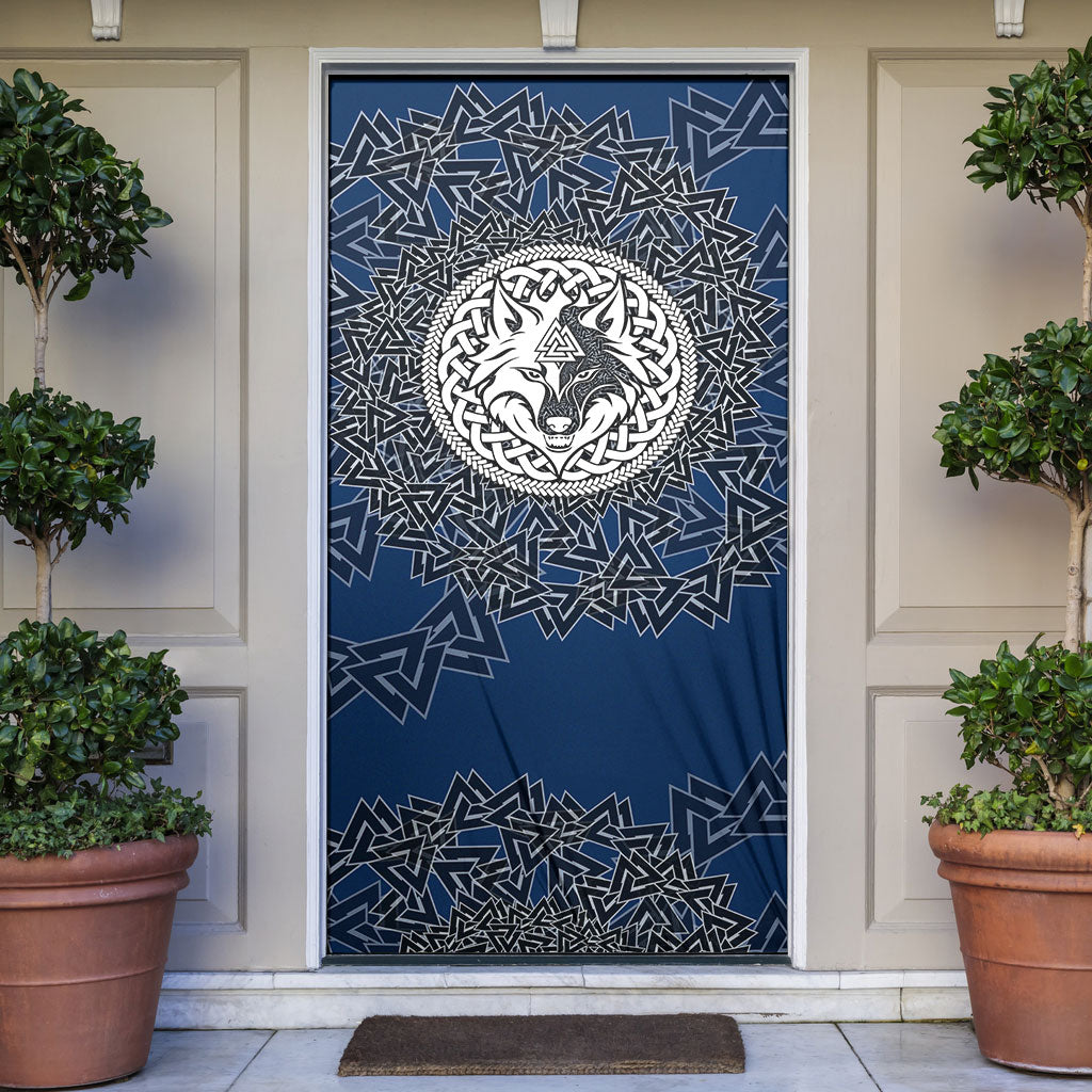 Viking Wolf and Valknut Door Cover Nordic Knotwork Rune Illustration