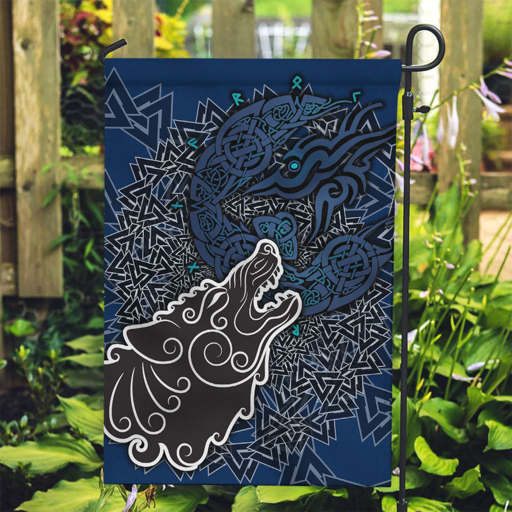 Viking Wolf and Valknut Garden Flag Nordic Knotwork Rune Illustration