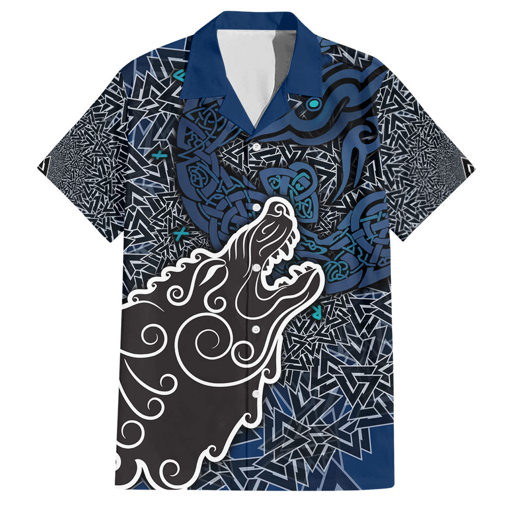 Viking Wolf and Valknut Hawaiian Shirt Nordic Knotwork Rune Illustration