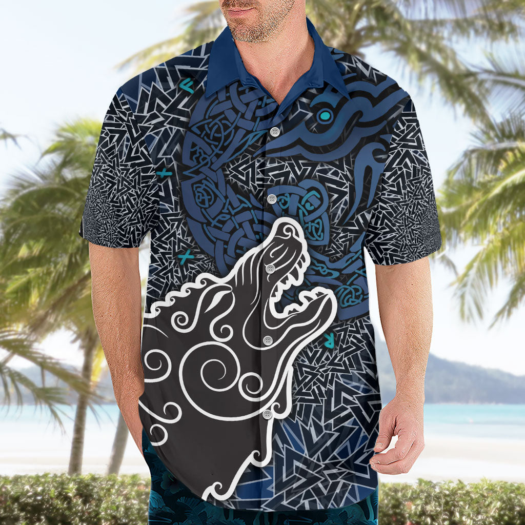 Viking Wolf and Valknut Hawaiian Shirt Nordic Knotwork Rune Illustration