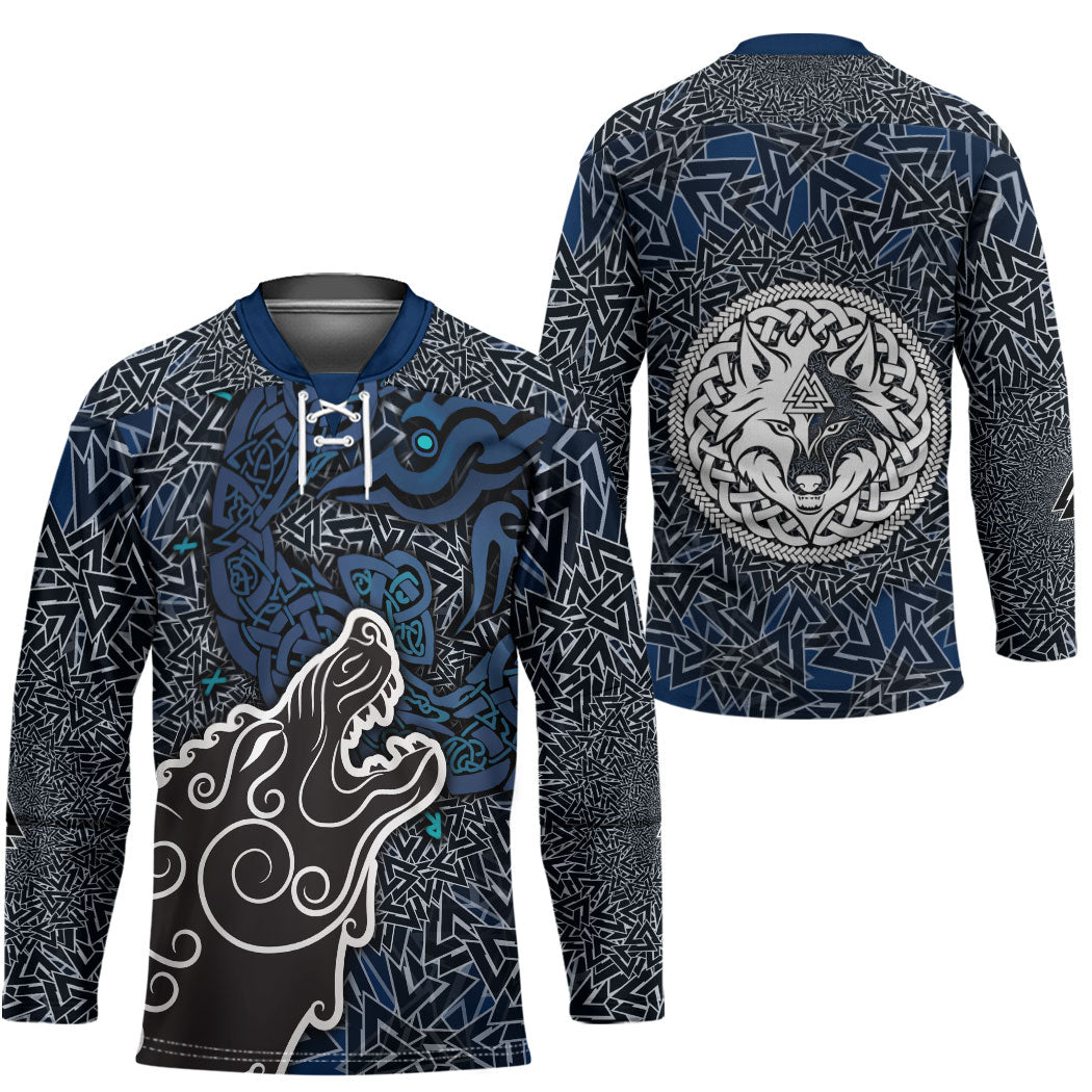 Viking Wolf and Valknut Hockey Jersey Nordic Knotwork Rune Illustration