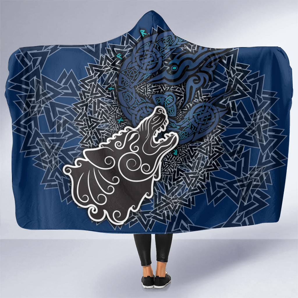 Viking Wolf and Valknut Hooded Blanket Nordic Knotwork Rune Illustration