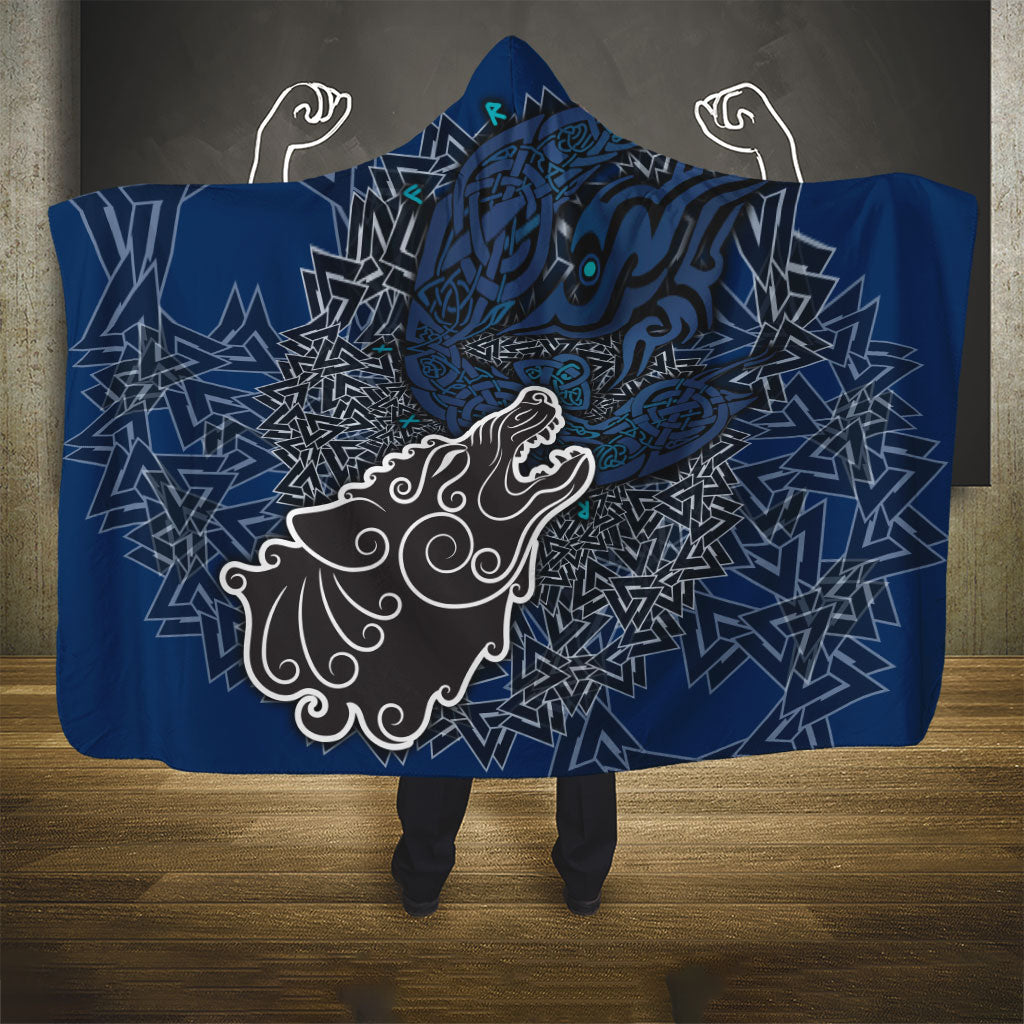 Viking Wolf and Valknut Hooded Blanket Nordic Knotwork Rune Illustration