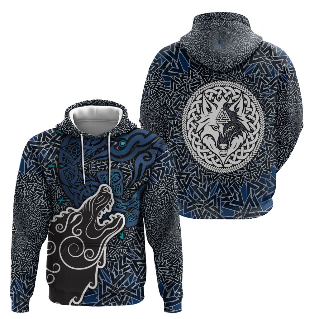Viking Wolf and Valknut Hoodie Nordic Knotwork Rune Illustration