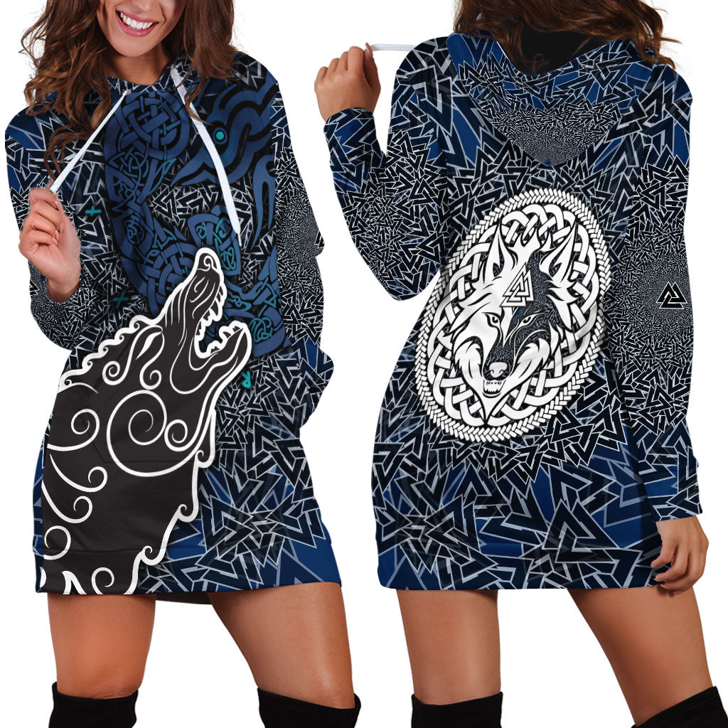 Viking Wolf and Valknut Hoodie Dress Nordic Knotwork Rune Illustration