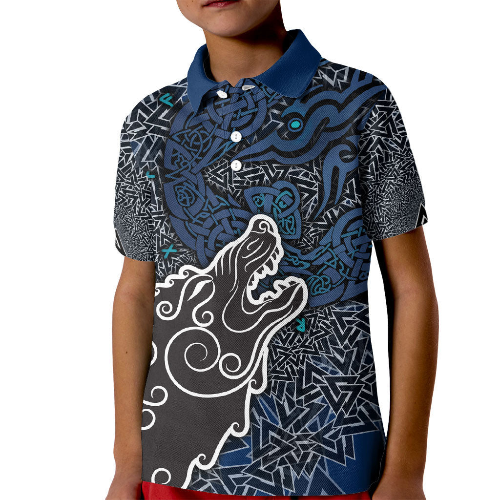 Viking Wolf and Valknut Kid Polo Shirt Nordic Knotwork Rune Illustration