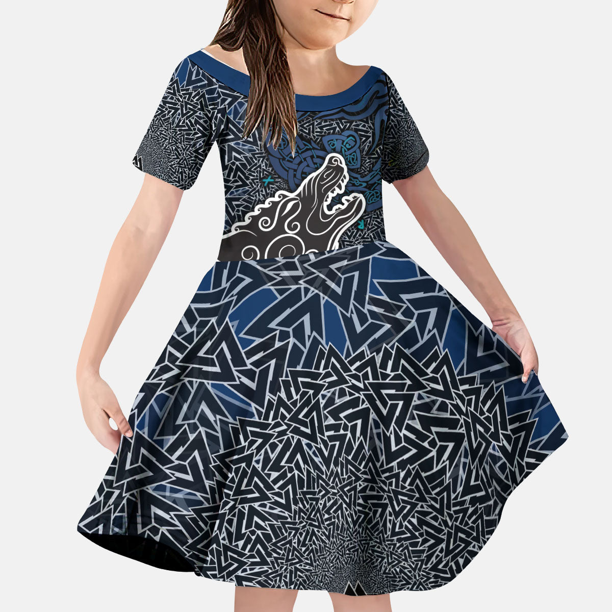 Viking Wolf and Valknut Kid Short Sleeve Dress Nordic Knotwork Rune Illustration