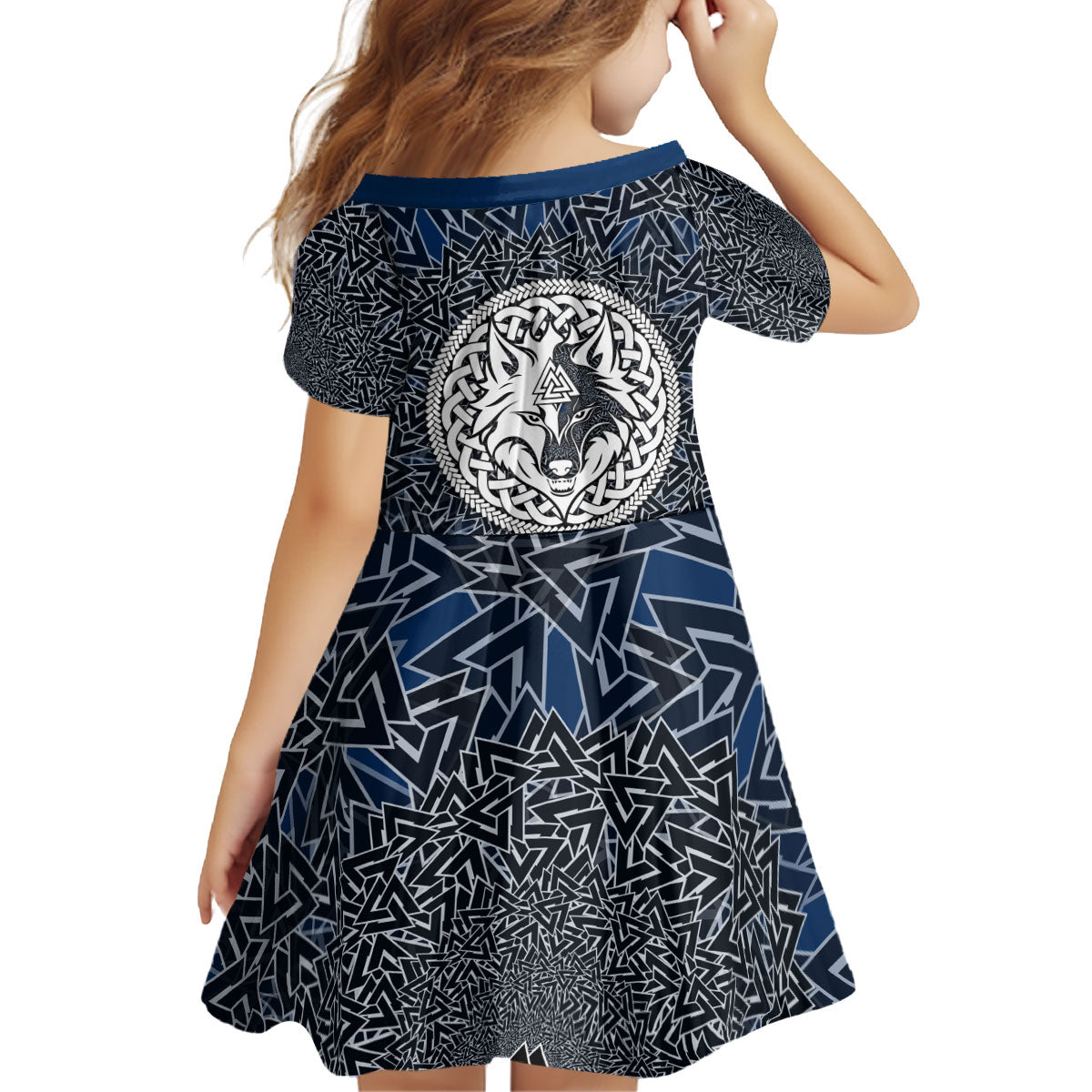 Viking Wolf and Valknut Kid Short Sleeve Dress Nordic Knotwork Rune Illustration