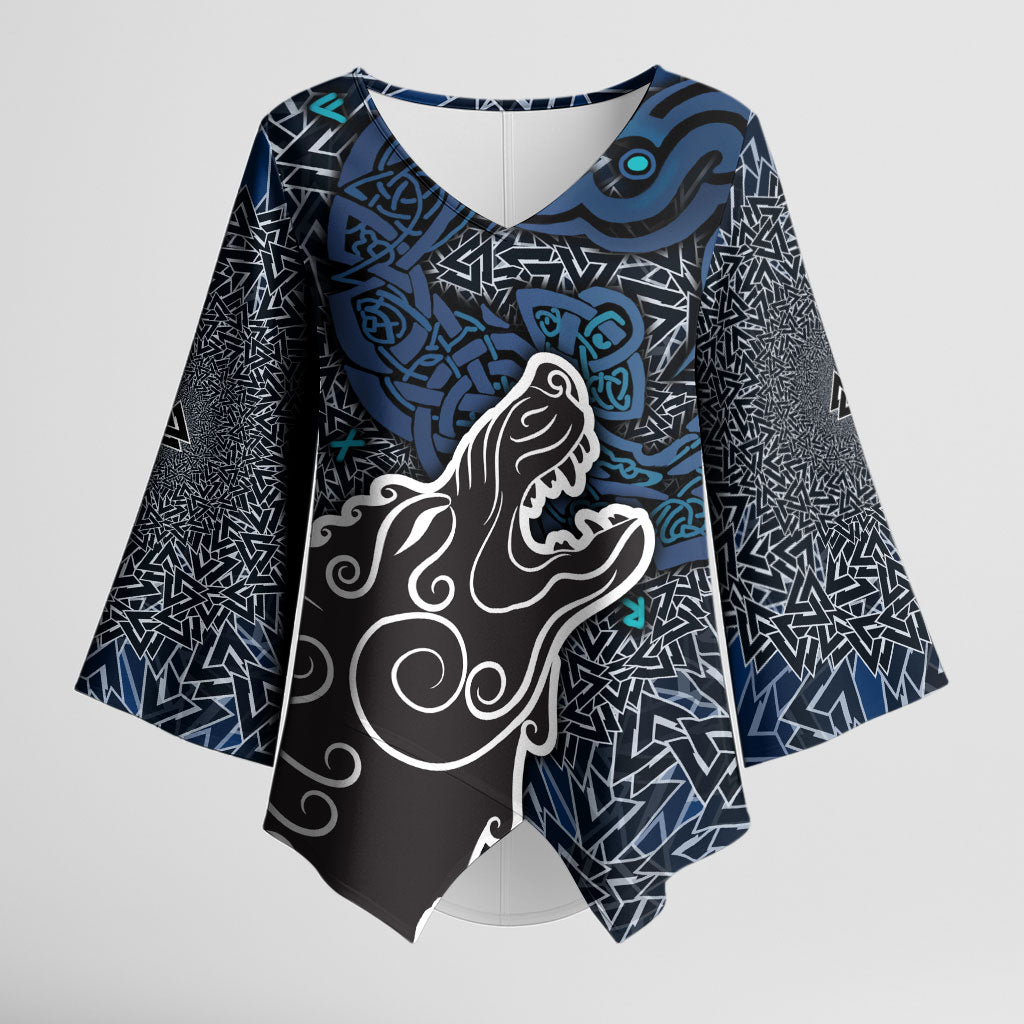 Viking Wolf and Valknut Kimono Sleeve Blouse Nordic Knotwork Rune Illustration