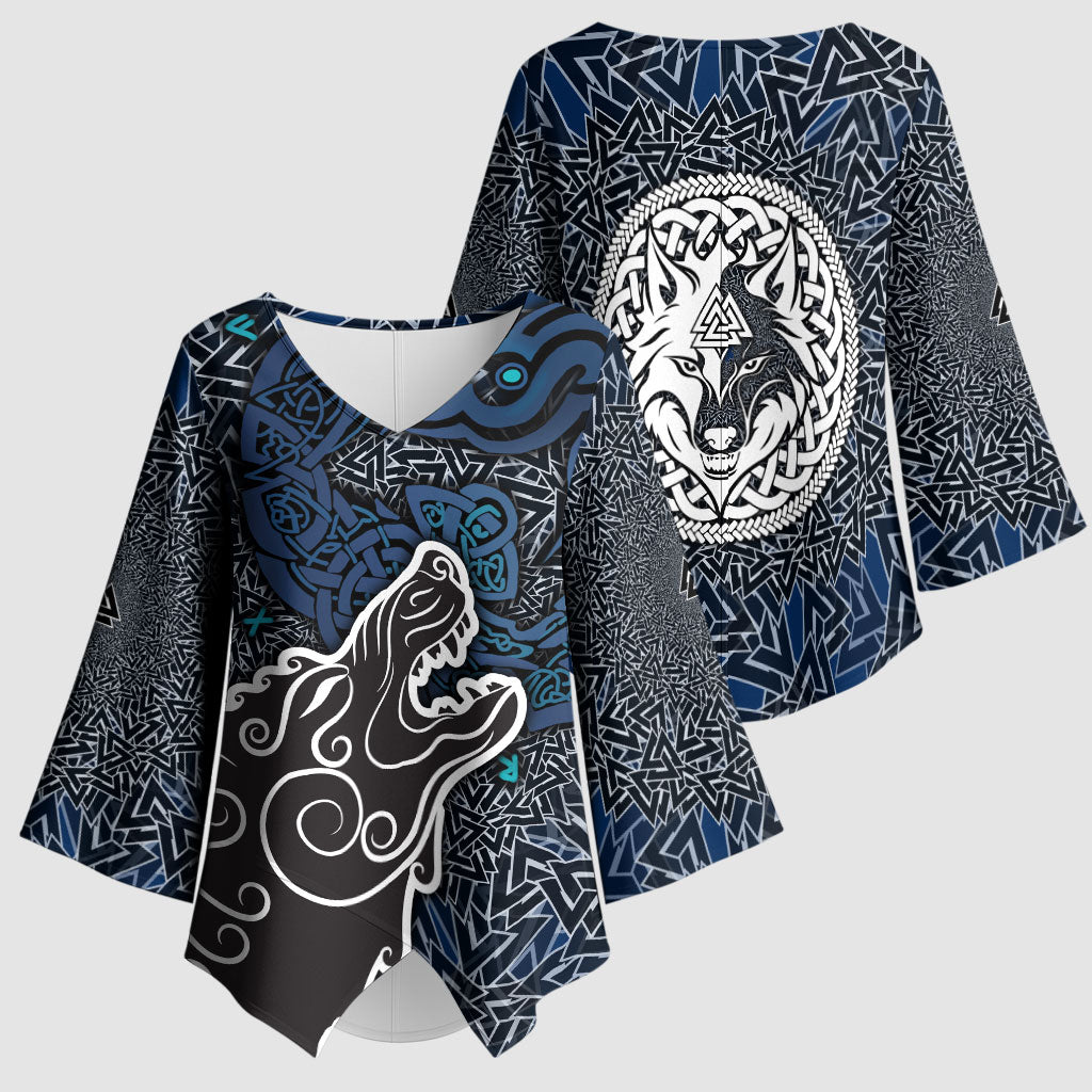 Viking Wolf and Valknut Kimono Sleeve Blouse Nordic Knotwork Rune Illustration