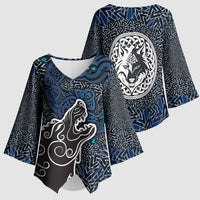 Viking Wolf and Valknut Kimono Sleeve Blouse Nordic Knotwork Rune Illustration