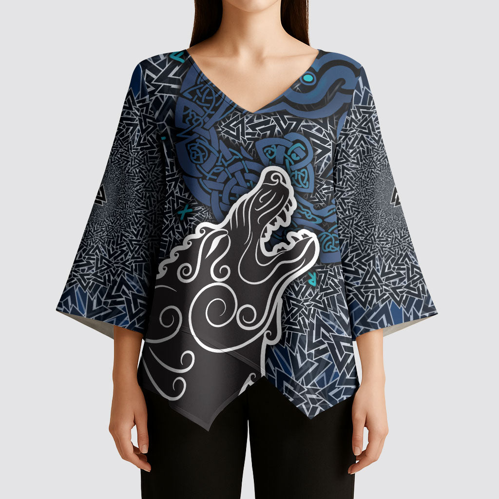 Viking Wolf and Valknut Kimono Sleeve Blouse Nordic Knotwork Rune Illustration