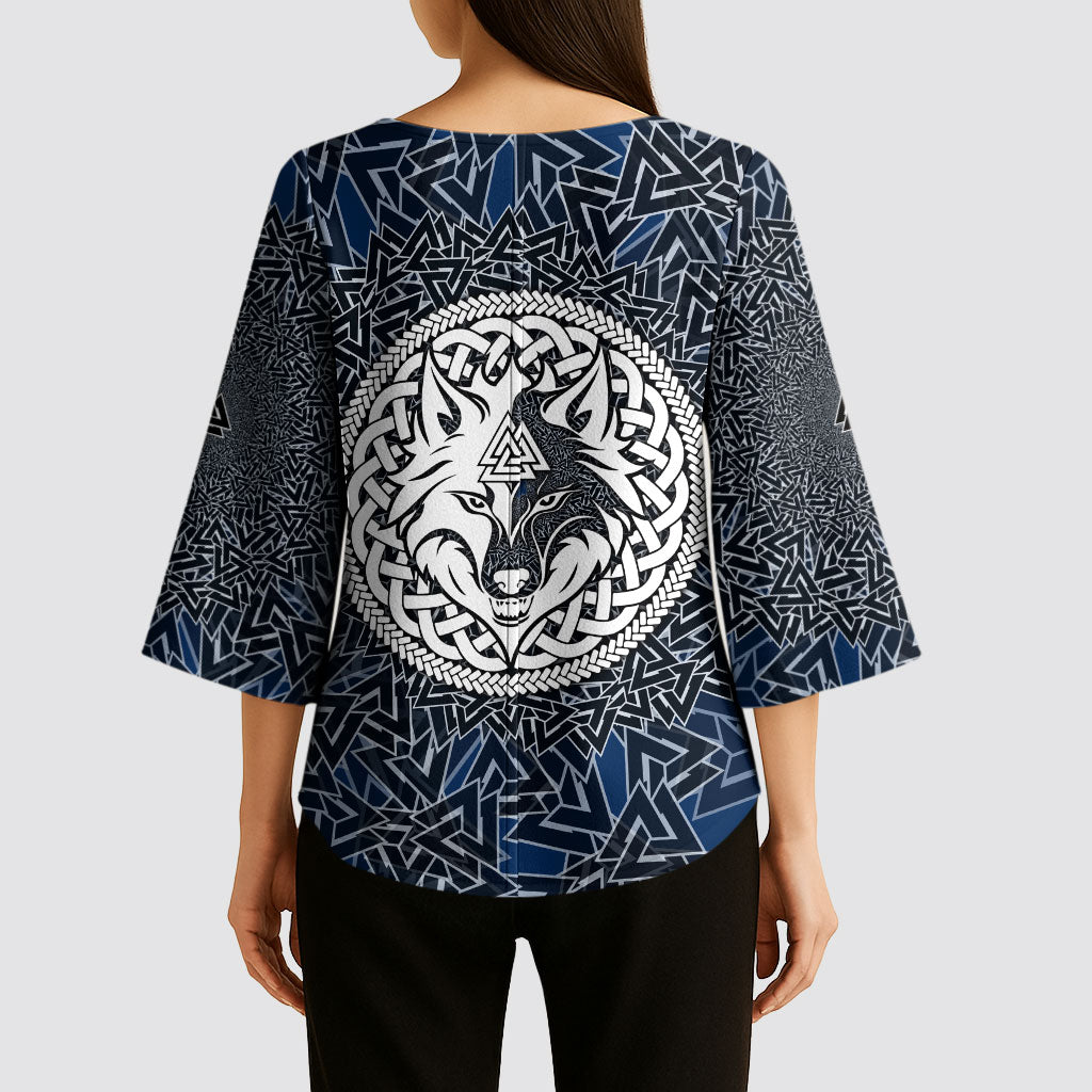 Viking Wolf and Valknut Kimono Sleeve Blouse Nordic Knotwork Rune Illustration