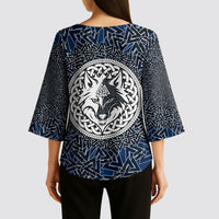 Viking Wolf and Valknut Kimono Sleeve Blouse Nordic Knotwork Rune Illustration