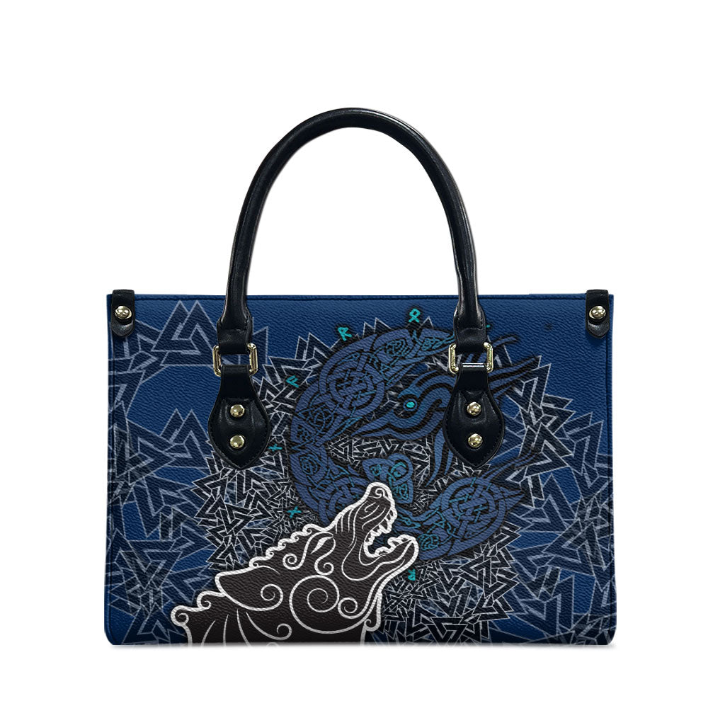 Viking Wolf and Valknut Leather Bag Nordic Knotwork Rune Illustration