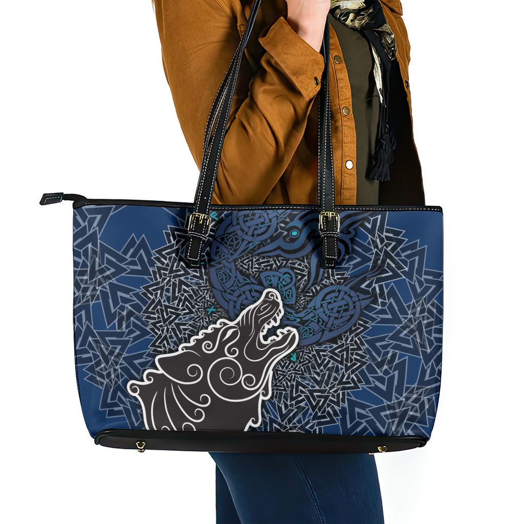 Viking Wolf and Valknut Leather Tote Bag Nordic Knotwork Rune Illustration